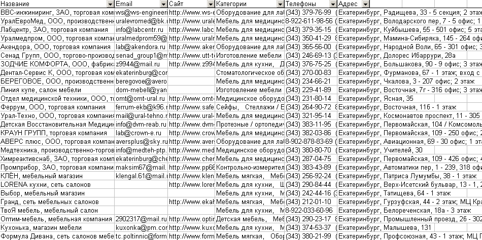 Справочник предприятий Екатеринбурга Скриншот базы данных организаций Екатеринбурга