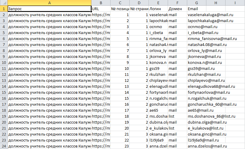 Файл Excel с емейлами из поиска по Моему Миру